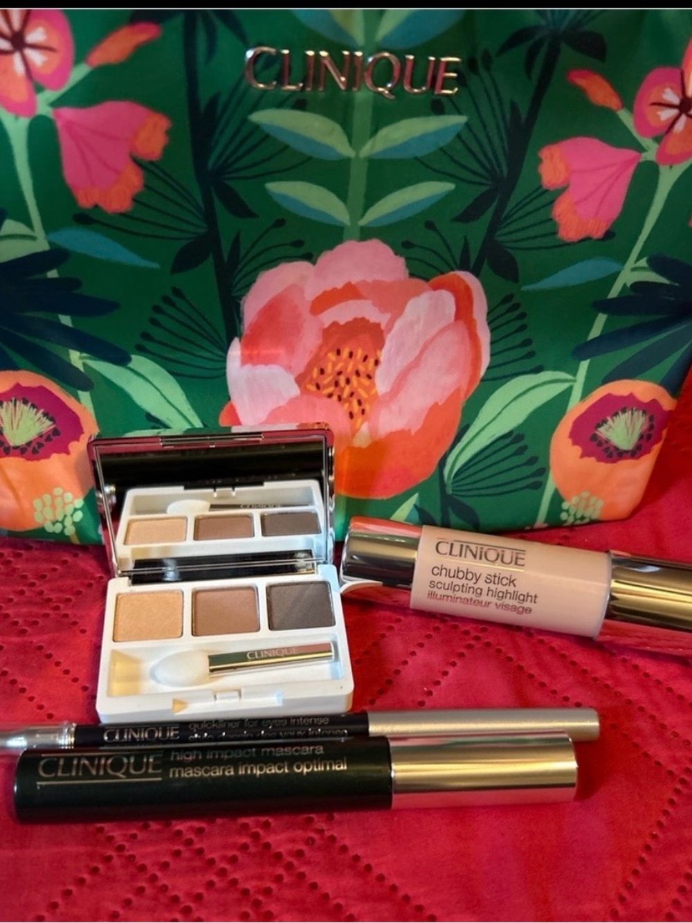 NEW Clinique Full Size Makeup & Floral Tote Gift Set Bundle •
